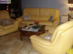 Salon cuir fine fleur jaune, canapé 3 pl. + 2 fauteuils. - Miniature